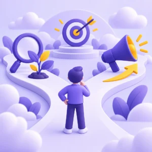 SEO ve reklam yolları arasında işletmeye uygun sırayı seçmeyi temsil eden yön tabelası illüstrasyonu