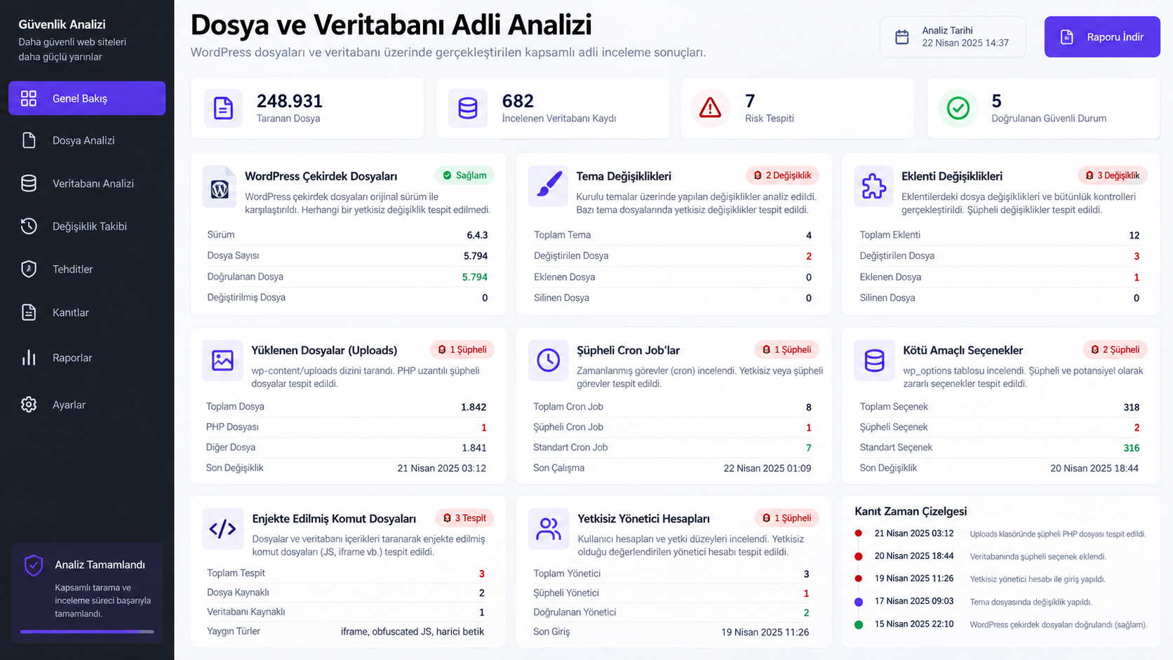 Dosya ve veritabanı adli analiz ekranı