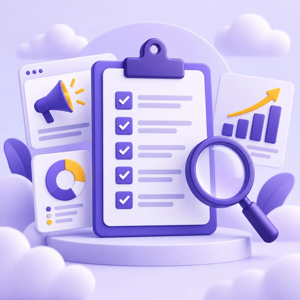 Google Ads ajansı değerlendirmesini temsil eden kontrol listesi ve reklam paneli illüstrasyonu