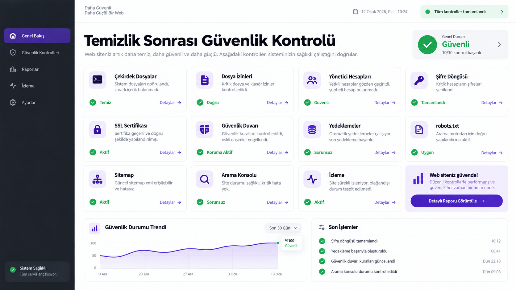 Temizlik sonrası güvenlik kontrol ekranı