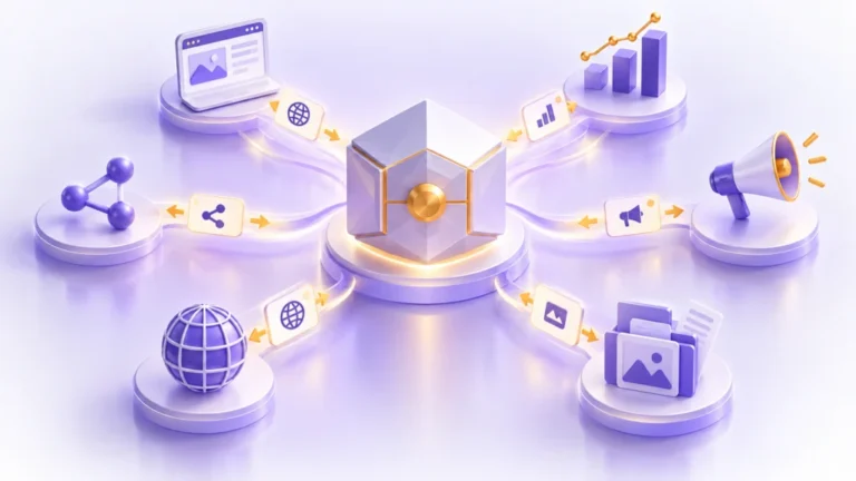 Alan adı, web sitesi, analitik, reklam, sosyal kanal ve kreatif dosyaların işletme kasasında birleştiği pastel mor 3D sahiplik illüstrasyonu