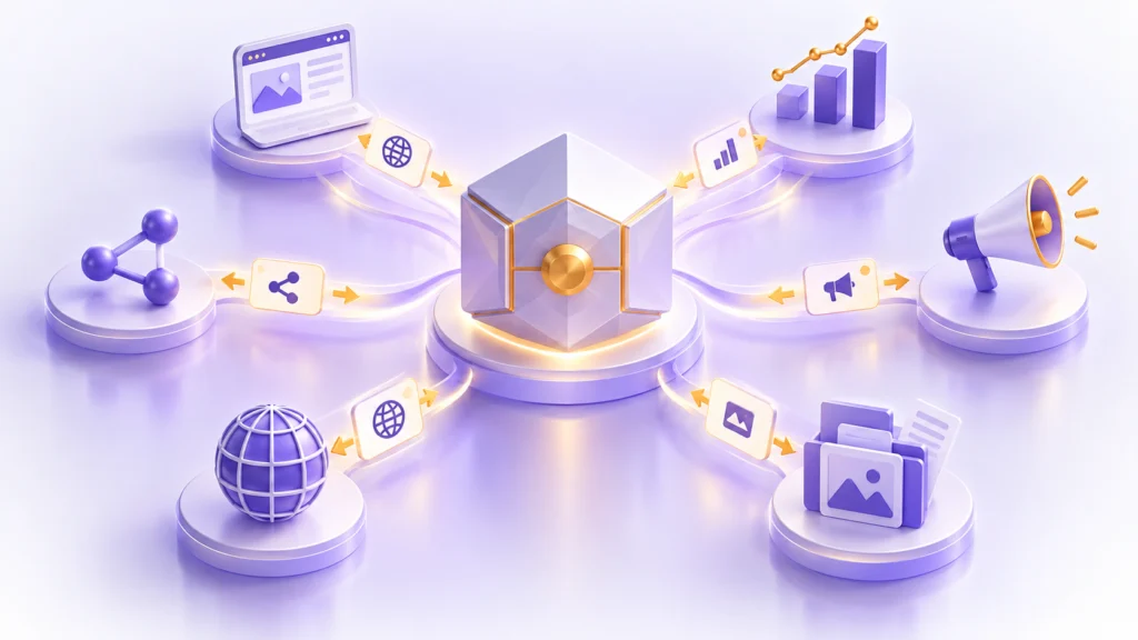 Alan adı, web sitesi, analitik, reklam, sosyal kanal ve kreatif dosyaların işletme kasasında birleştiği pastel mor 3D sahiplik illüstrasyonu