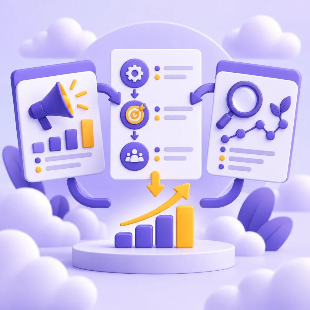 Google Ads ve SEO kanallarının ortak büyüme planında birleşmesini temsil eden strateji paneli illüstrasyonu