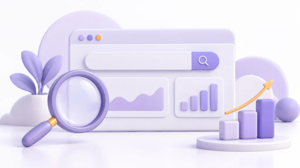 Search Console başlangıcını temsil eden büyüteç, arama paneli ve kontrol noktaları içeren pastel mor 3D görsel