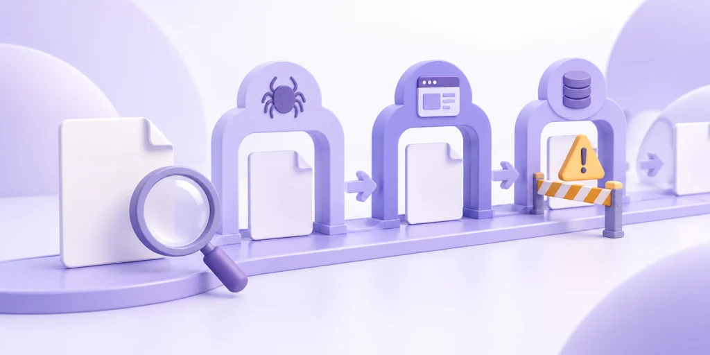 İndekslenmeyen sayfayı tarama, değerlendirme ve indeks kontrol noktalarından geçiren pastel mor 3D teşhis görseli