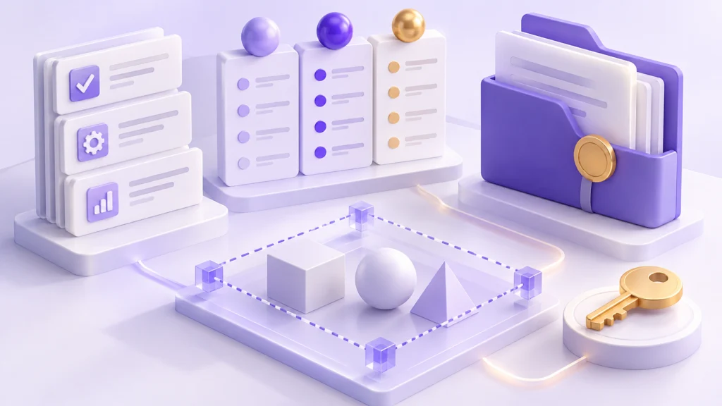 Kurumsal web tedarikinde kapsam, teklif, sözleşme, kabul ve devir kartlarının bulunduğu pastel mor 3D masaüstü sahne