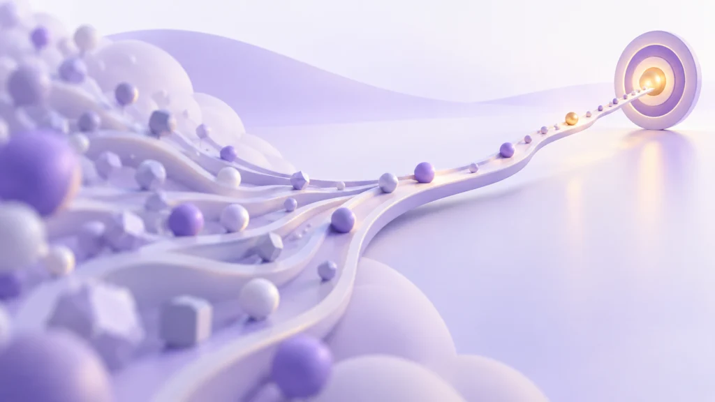 Long-tail anahtar kelimeyi geniş bir buluttan hassas hedefe uzanan mor 3D yol ile anlatan editorial görsel