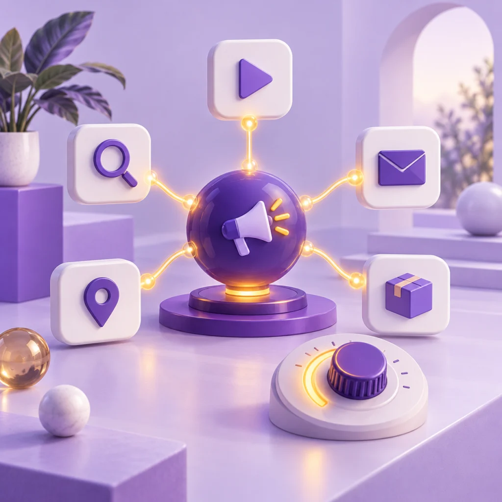 Arama, video, e-posta, harita ve ürün yüzeylerini tek reklam hedefinde birleştiren mor merkez