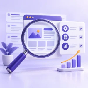 SEO ajansı seçimini temsil eden büyüteç, teknik kontrol listesi ve arama sonuçları illüstrasyonu
