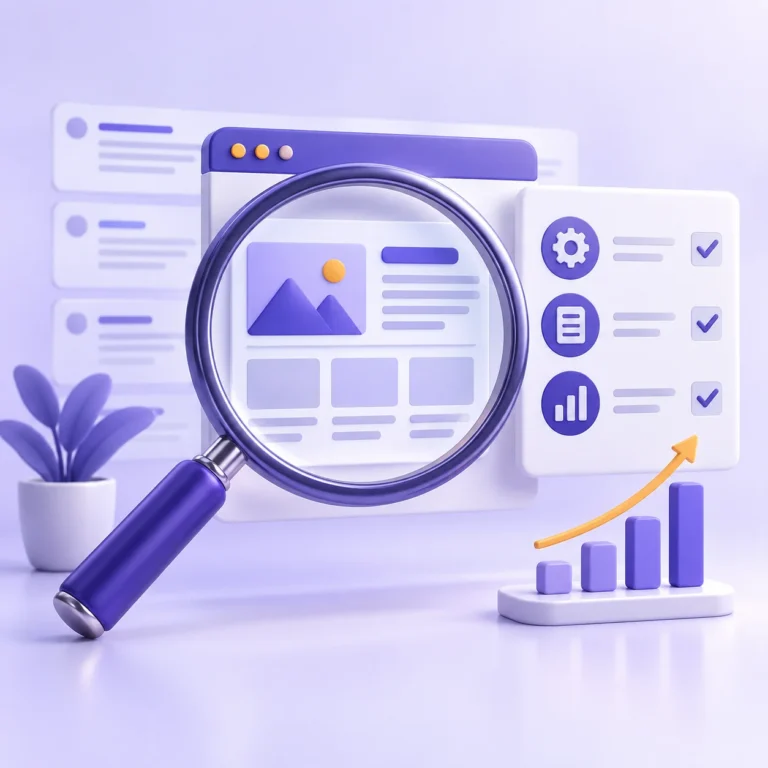 SEO ajansı seçimini temsil eden büyüteç, teknik kontrol listesi ve arama sonuçları illüstrasyonu