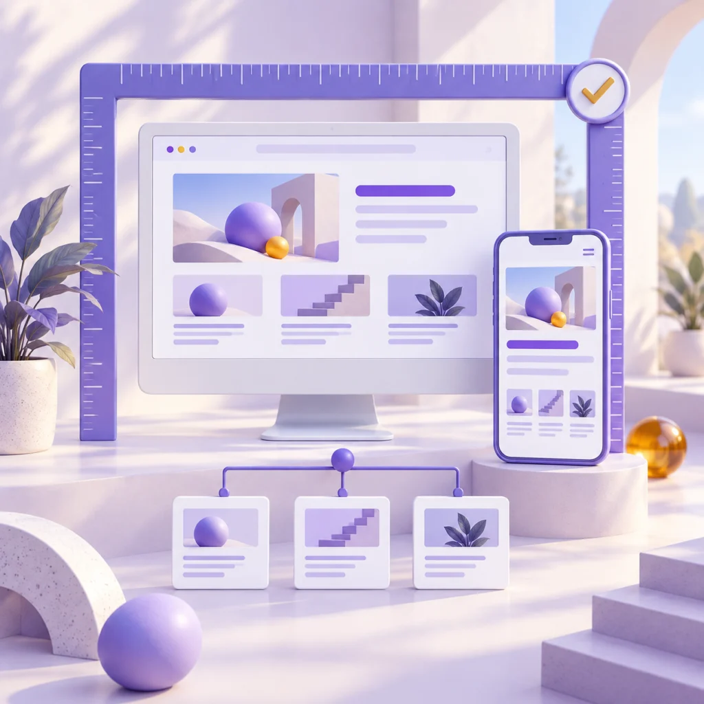 SEO uyumlu web sitesini temsil eden erişilebilir sayfa, mobil ekran ve birbirine bağlanan mor 3D yapı taşları