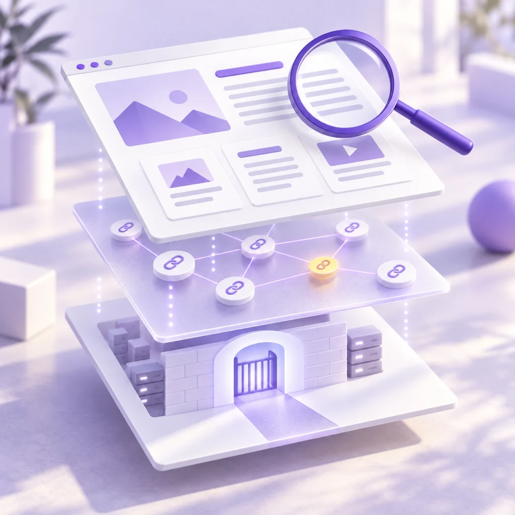 Teknik SEO denetiminde tarama, indeksleme ve site sağlığını temsil eden pastel mor 3D kontrol paneli