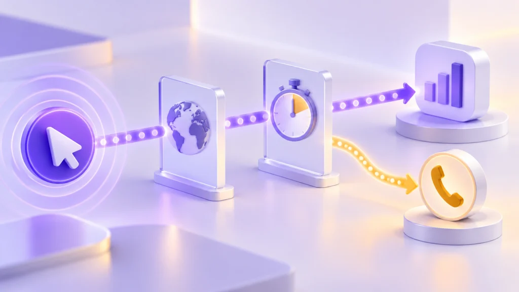 Telefon çağrısı ölçümünde tıklama, ülke uygunluğu, süre ve doğrulanmış sonuç kapılarının bulunduğu pastel mor 3D sahne