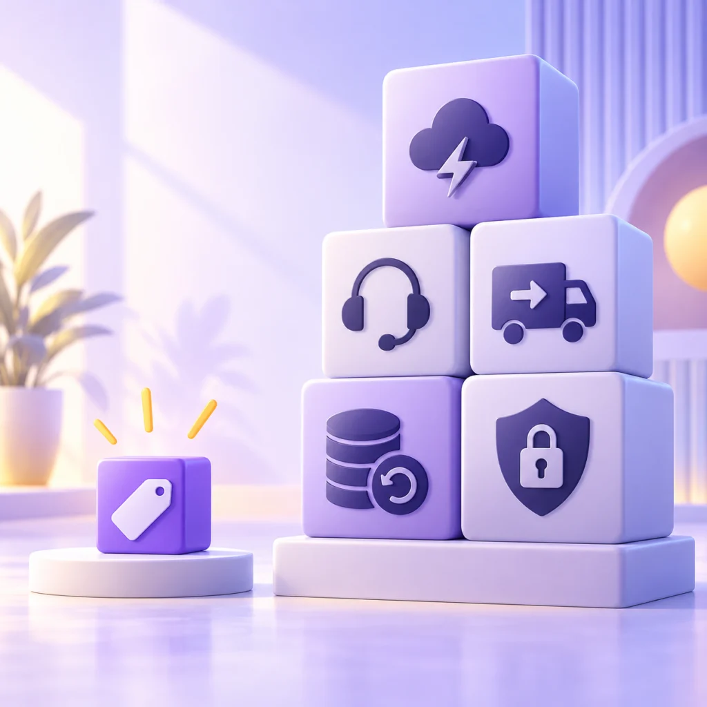 Ucuz hosting fiyatını görünmeyen kesinti, destek, backup ve güvenlik maliyetleriyle karşılaştıran mor 3D bloklar