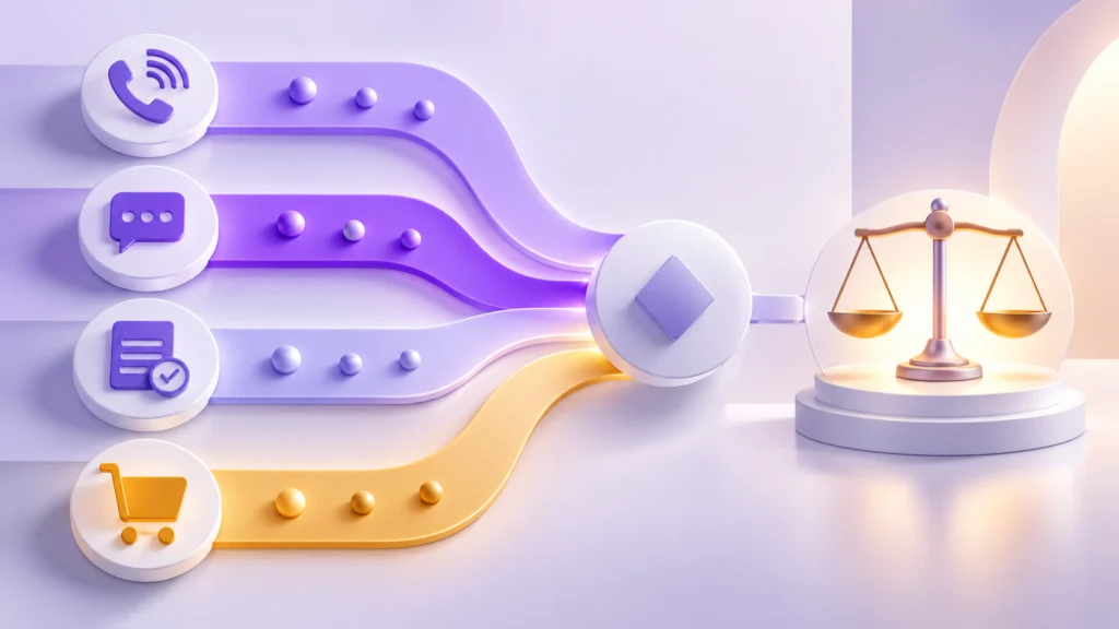 Telefon, mesaj, form ve satış yollarının doğrulama katmanlarından geçtiği pastel mor 3D dönüşüm matrisi