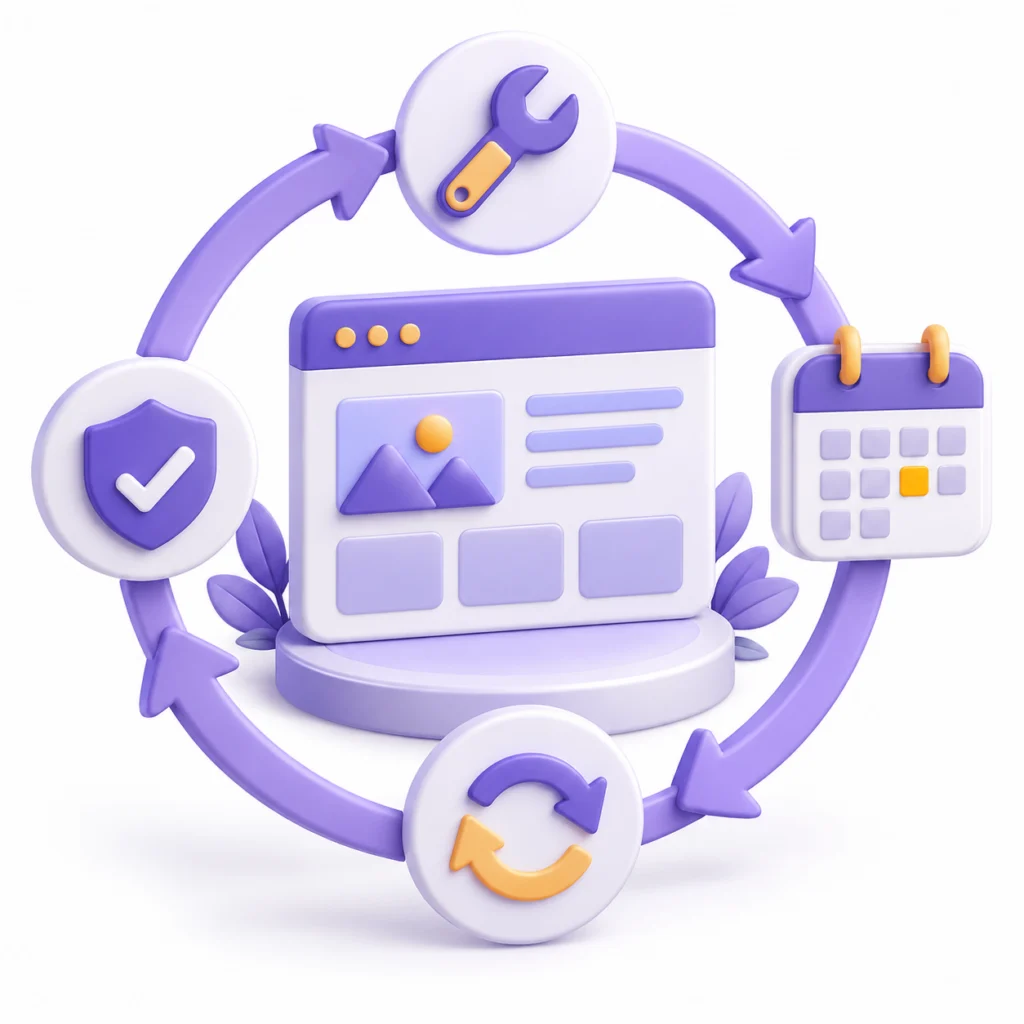 WordPress bakım döngüsünü anlatan mor 3D web bloğu, takvim, anahtar ve yenileme okları
