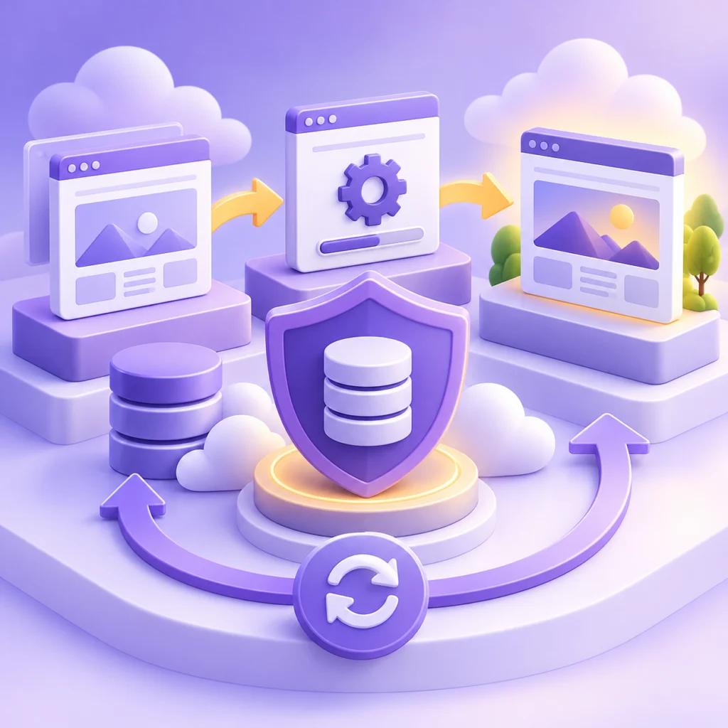 WordPress güvenli güncelleme sürecini anlatan mor 3D staging kopyası, kalkan ve rollback oku