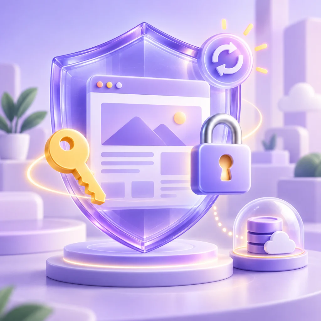 WordPress güvenliğini koruyan mor 3D kalkan, anahtar, kilit ve güncelleme ışığı