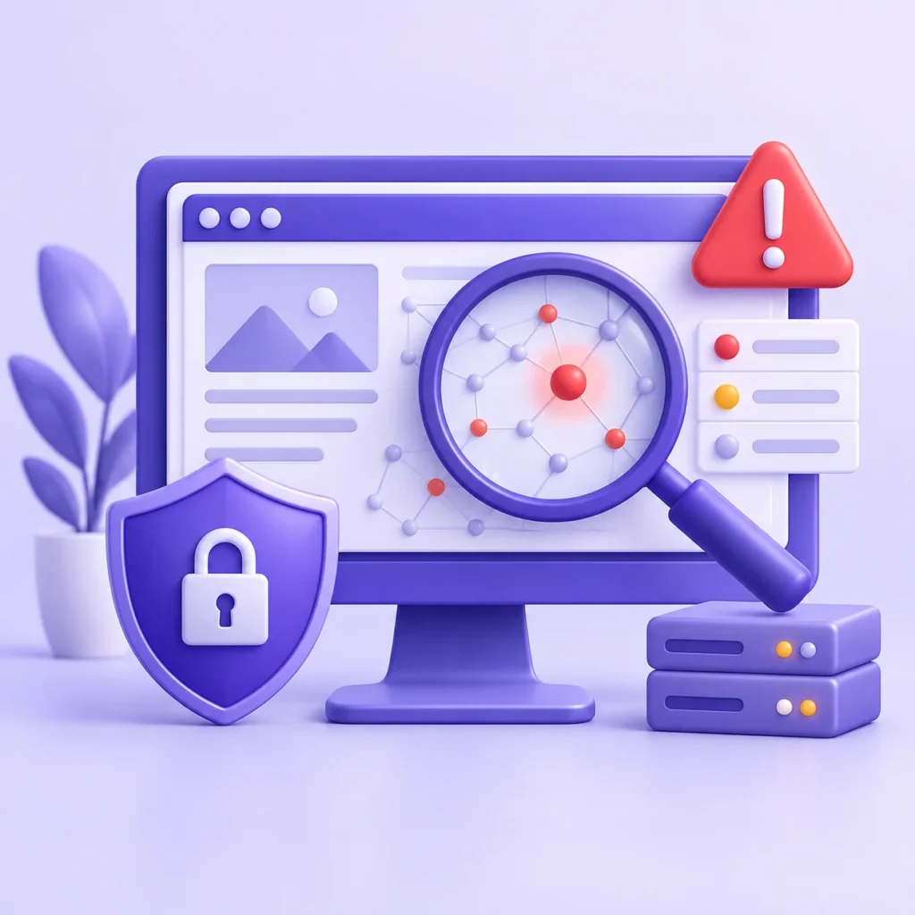 WordPress sitesindeki şüpheli etkinlikleri gösteren güvenlik tarama paneli illüstrasyonu