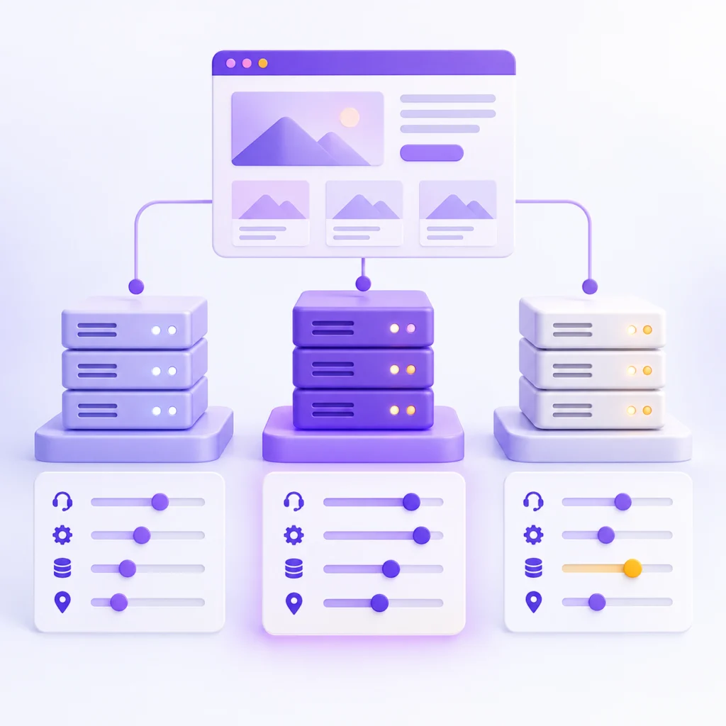 WordPress hosting seçimini anlatan üç mor 3D platform ve kaynak, destek, backup göstergeleri