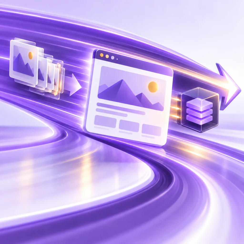 WordPress hızlandırmayı anlatan mor 3D web sayfası, cache küpü ve hızlı akış oku