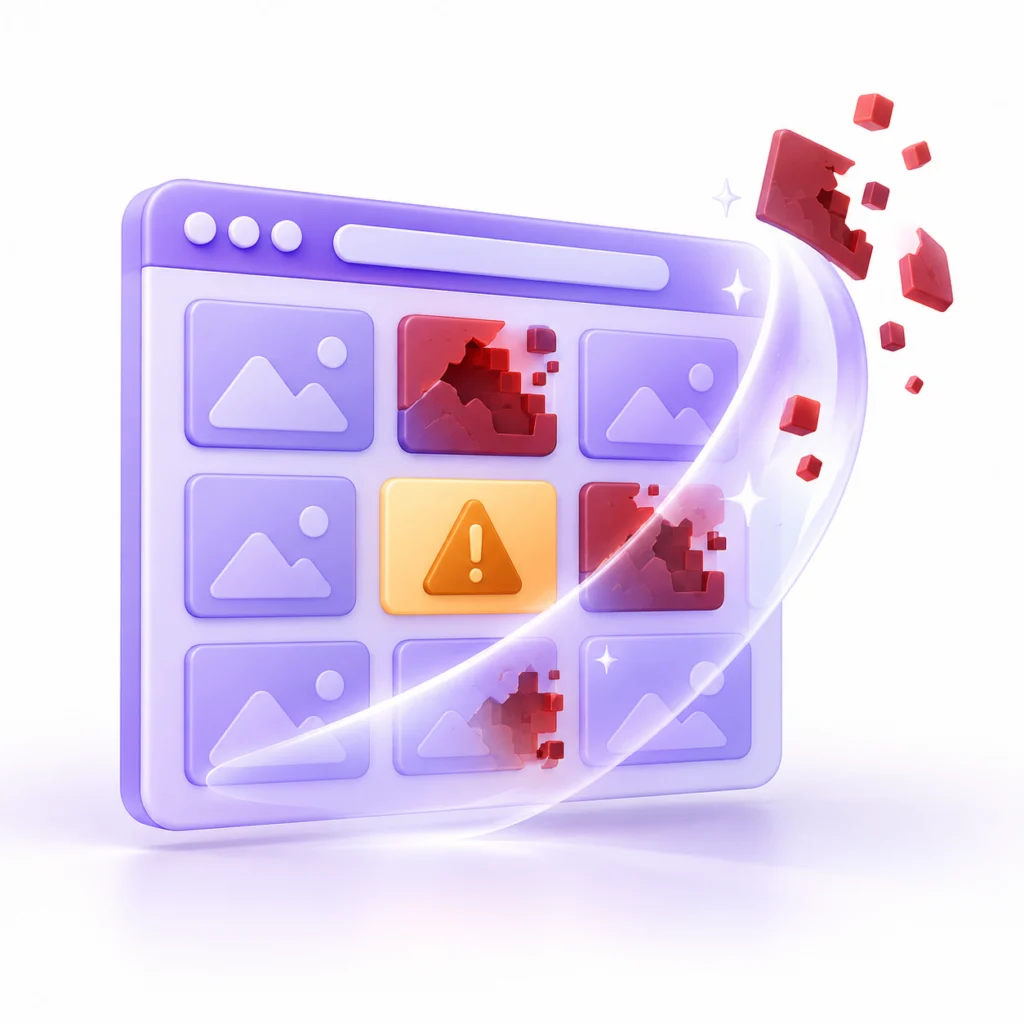 Spam URL parçalarını temizleyen mor 3D web ızgarası ve amber uyarı işareti