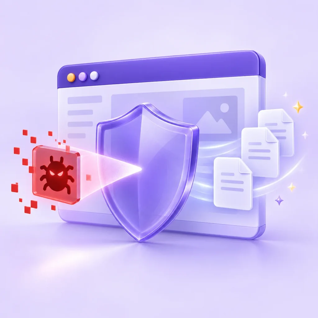 WordPress sitesindeki kötü amaçlı kodu tarayan güvenlik kalkanı illüstrasyonu