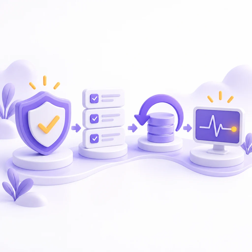 Temizlik sonrası WordPress sitesini kontrol eden mor kalkan, checklist ve restore oku