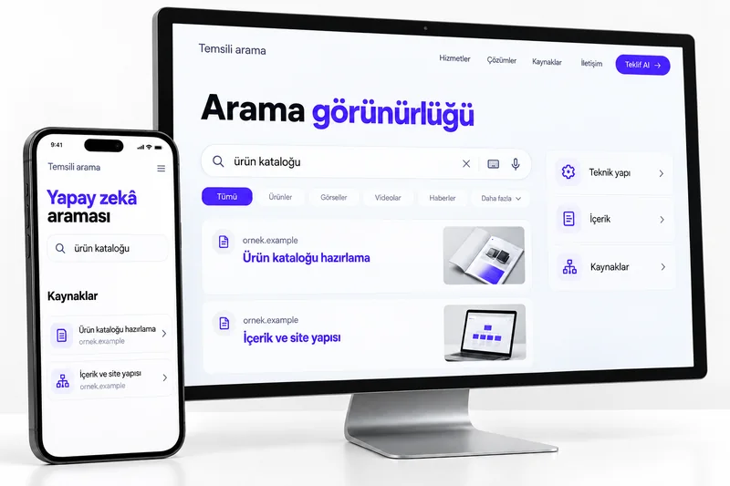 Bilgisayarda arama sonuçları ve telefonda yapay zekâ araması; temsili SEO ve GEO sunumu