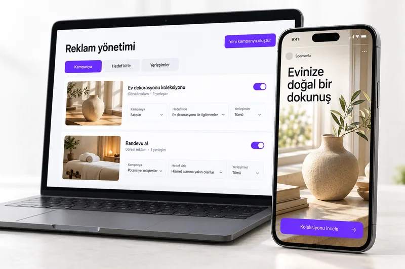 Dizüstü bilgisayarda reklam yönetimi ve telefonda dikey ürün reklamı; temsili sosyal reklam